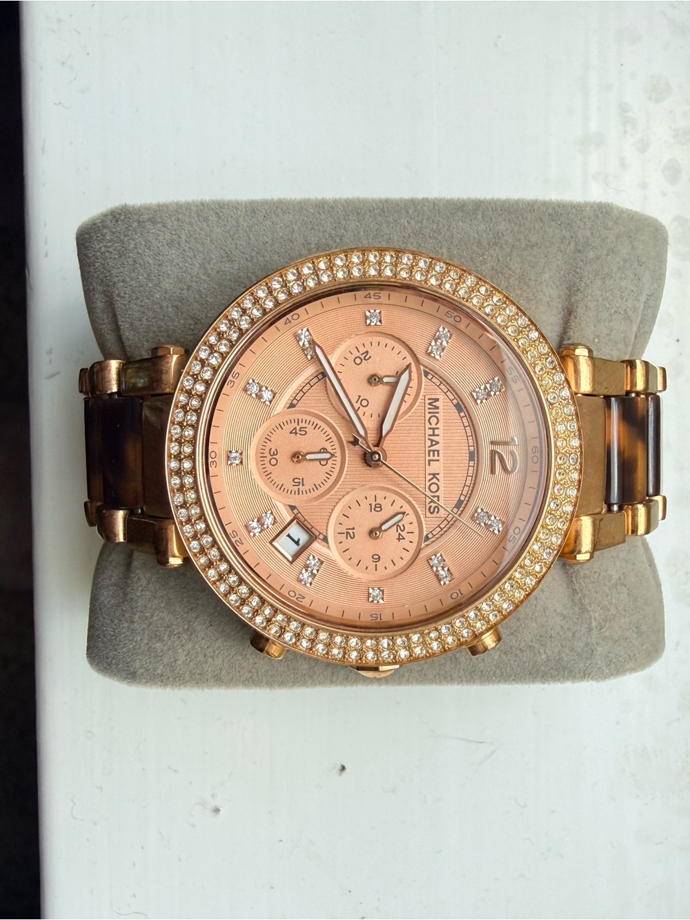 Michael Kors Rose Gold Tone Crystal-Trim Tortoise Link Watch